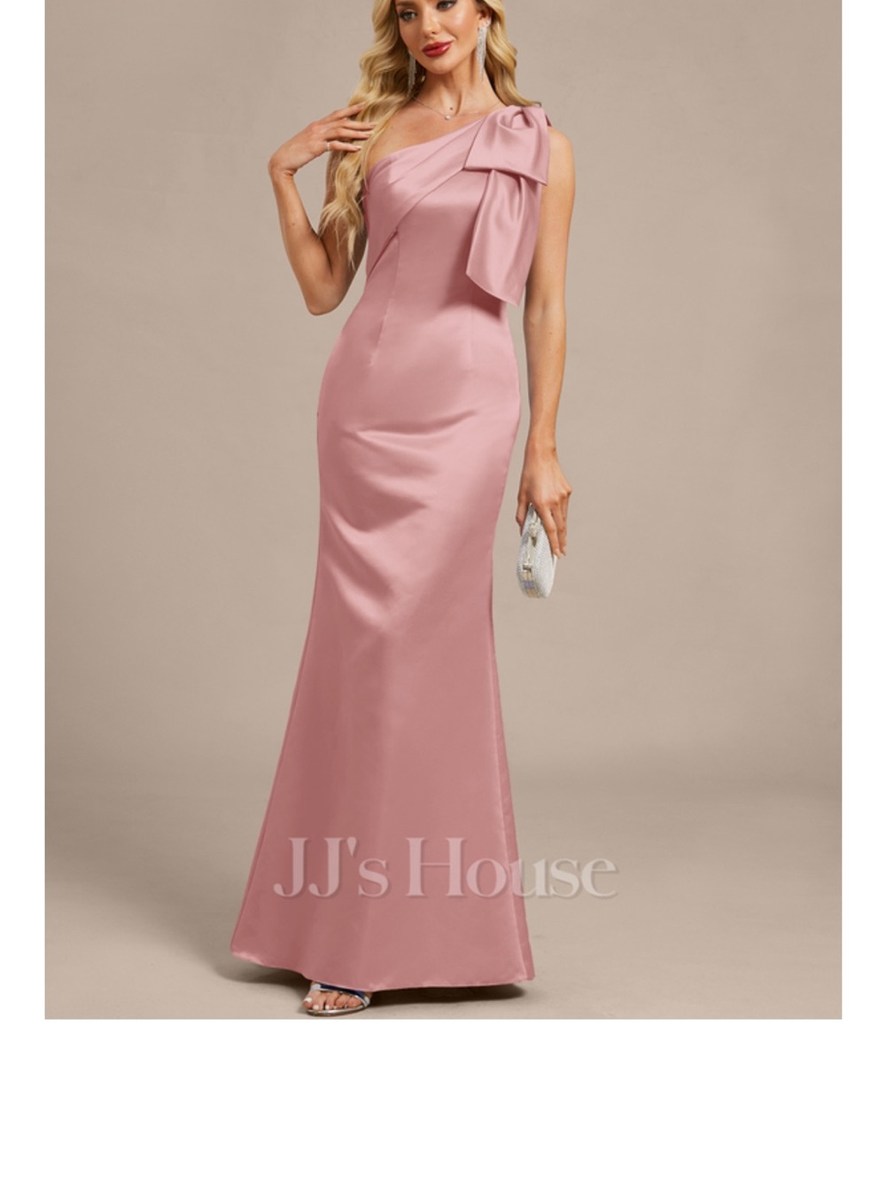 JJs House Brylei One-Shoulder Bow Satin Gown in Blush